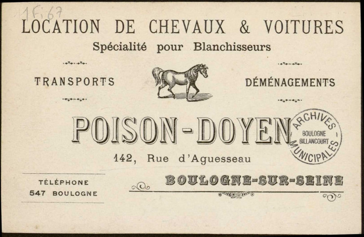 (sans titre), Boulogne-Billancourt - rue d'Aguesseau . - Entreprise de déménagements Poison-Doyen - Hippomobile de l'entreprise : déménagements Poison-Doyen 142 rue d'Aguesseau Boulogne Tél.547