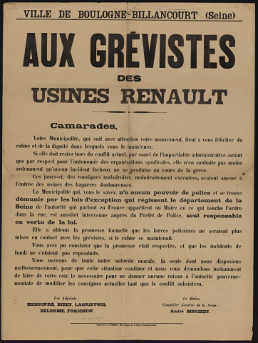 Aux grévistes des usines Renault,