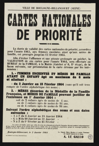 Cartes nationales de priorité [pour femmes enceintes et mères de famille],