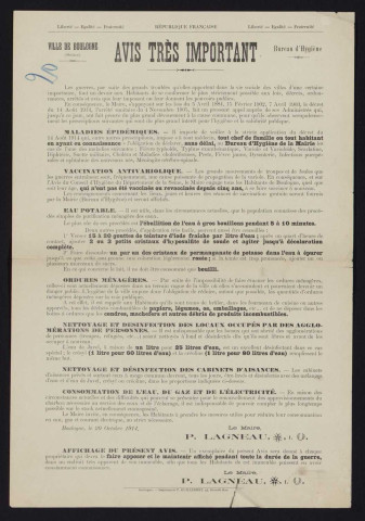 Bureau d'hygiène : avis très important [relatif à l'hygiène, la salubrité et l'alimentation],