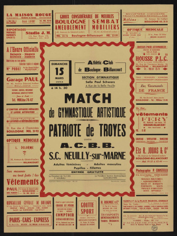 Match de gymnastique artistique : Patriote de Troyes contre ACBB [et] SC Neuilly-sur-Marne, Nombreuses publicités d'entreprises.