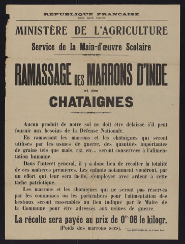 Service de la main-d'oeuvre scolaire : ramassage des marrons d'inde et des châtaignes,