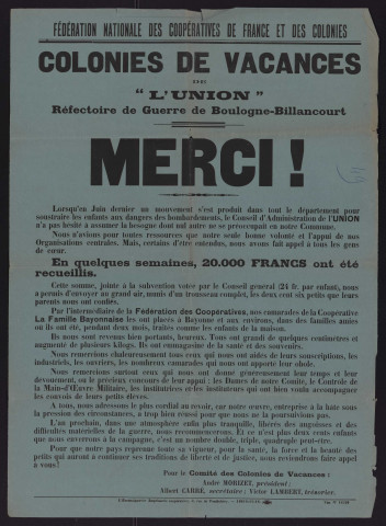 Colonies de vacances de L'Union, réfectoire de guerre de Boulogne-Billancourt : merci [pour les dons collectés],