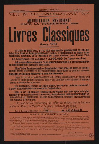 Adjudication pour la fourniture des livres classiques pendant l'année 1953,