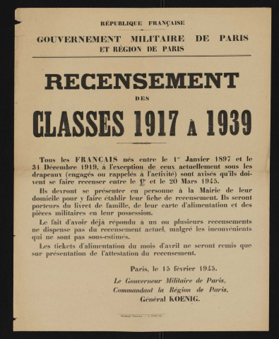 Recensement des classes 1917 et 1939,