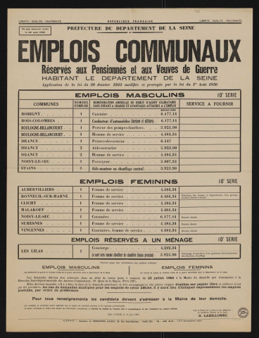 Emplois communaux réservés aux pensionnés et aux veuves de guerre habitant le département de la Seine, Recrutement à Boulogne-Billancourt d'un porteur des pompes-funèbres.