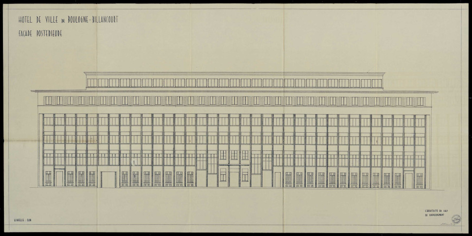 - Façade principale (revêtement) - Tony Garnier - 2 ex - 19/03/1932- Façade latérale (revêtement) - Tony Garnier - 4 ex - 19/03/1932- Façade postérieure (revêtement) - Tony Garnier - 3 ex- Portes sur entrée principale et escalier d'honneur - Tony Garnier - 2 ex - 02/12/1932- Lanterneaux des courettes - Tony garnier - 2 ex- Lanterneau sur grand esclier - Tony Garnier - 2 ex - 30/04/1933- Rampe et garde-corps - Tony Garnier - 2 ex - 14/01/1933- Coupe-projet initial approuvé - Tony Garnier- Rampe et garde-corps - Tony Garnier - 2 ex - 14/01/1933- Façades sur les courettes, façade nord et sud - Tony Garnier - 2 ex - 14/01/1933- Garage pour 20 voitures - Débat Ponsan - 2 ex - 30/12/1931- Garage pour 20 voitures - Débat Ponsan - 2 ex - Décoration - Documents généraux- Etablissements de l'emplacement du Nouvel Hôtel de Ville : acquisition de terrains, mémoire descriptif, projet de convention, plan de situation, délibération soumission Vallet, abords de l'Hôtel de Ville, plan parcellaire du 27 juillet 1932- Délibérations - approbation des plans et devis, voies et moyens d'exécution, honoraires de Tony Garnier- Financement de la construction de l'Hôtel de Ville, proposition de réduction de la retenue de garantie sur les travaux, décompte définitif des travaux, situation financière de l'opération au 3 septembre 1933, après adjudication de la troisième tranche de travaux- Construction : plan de situation, devis estimatif, cahier des charges générales des travaux d'architecture, cahier des charges particulières et additif au cahier des charges générales relatives aux travaux à exécuter pour la construction de l'hôtel de ville, boulevard de la République prolongé ; clauses et conditions générales ; règlement général concernant les lots mis au concours en premier lieu ; règlement particulier au 1er, 2éme, 3ème, 4ème, 5ème, 6ème, 7ème, 8ème, 9ème lots ; devis descriptifs des travaux à exécuter pour les 1er, 2ème, 3ème, 4ème, 5ème, 6ème, 7ème, 8ème, 9ème lots ; délibération sur les voies et moyens d'exécution - Devis estimatif des travaux à exécuter- Acquisition immobilière sur le boulevard de la République :  * Démolition rue de la Saussière * Démolition rue Galliéni * Plan d'ensemble au 1/10 000 * Plan parcellaire au 1/500 * Etat parcellaire * Evaluation de la dépense * Délibération du Conseil Municipal * Convention avec Monsieur Le Floch * Convention avec MM. Huguet Frères * Raccordement de l'installation téléphonique - contrats1ère TRANCHE : Publicité pour la mise en adjudication des 1er, 5ème et 9ème lots- Organisation du Nouvel Hôtel de Ville, répartition des services ; plans jury, affiches, publicité