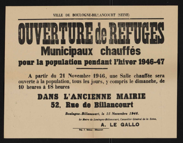 Ouverture de refuges municipaux chauffés pour la population pendant l'hiver 1946-47,