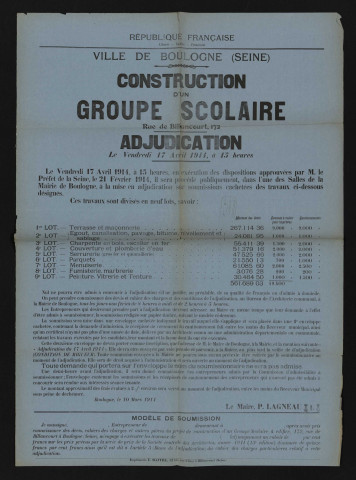 Construction d'un groupe scolaire rue de Billancourt 172 : adjudication,