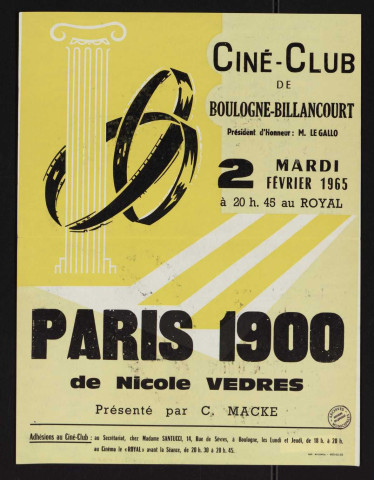 Ciné-Club de Boulogne-Billancourt, mardi 2 février 1965 : Paris 1900, de Nicole Vedres,