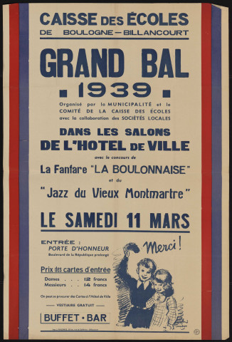 Grand bal 1939 organisé par la municipalité et le comité de la caisse des écoles, Dessin de Roland Coudon.