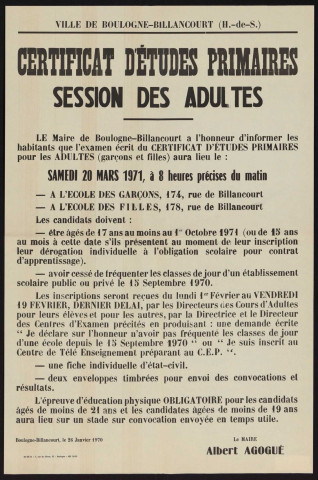 Certificat d'études primaires, session des adultes ,