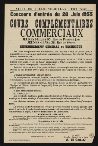 Concours d'entrée du 20 juin 1955 : cours complémentaires commerciaux,