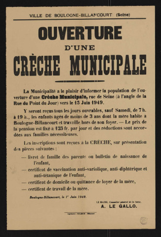 Ouverture d'une crèche municipale [rue de Seine],