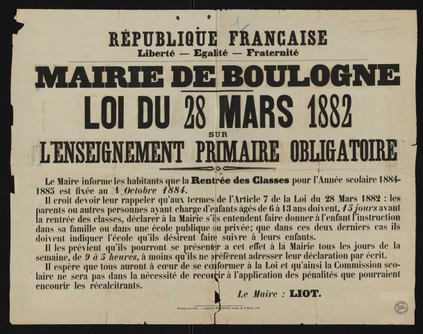 Loi du mars 1882 sur l'enseignement primaire [et rentrée des classes 1884],