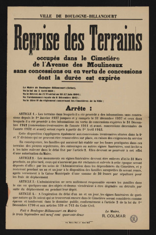 Reprise des terrains occupés dans le cimetière de l'avenue des Moulineaux sans concessions ou en vertu de concessions dont la durée est expirée,