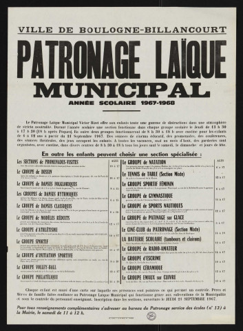 Patronage laïque municipal [activités proposées pendant l'] année scolaire 1967-1968,