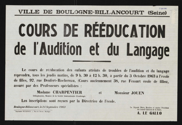 Cours de rééducation de l'audition et du langage,