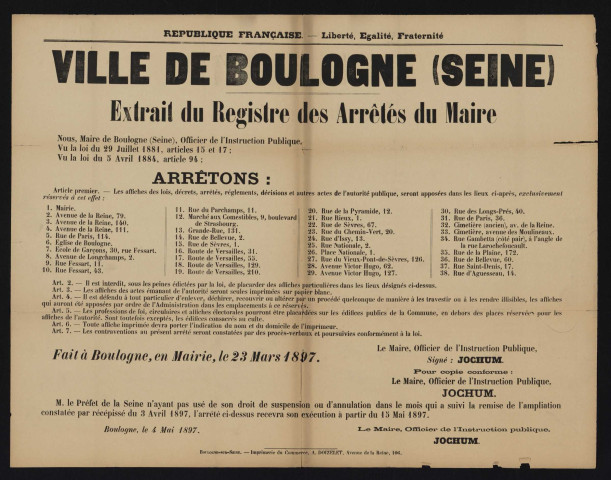 [Arrêté concernant les points d'affichage des actes de l'autorité publique],