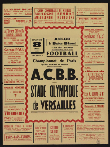 Football, championnat de Paris, équipes première et réserve : ACBB contre Stade olympique de Versailles, Nombreuses publicités d'entreprises.