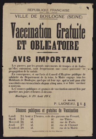 Vaccination gratuite et obligatoire : avis [de séances publiques et gratuites de vaccination [en août 1914],