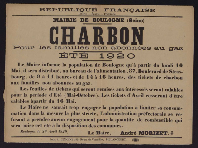 Charbon pour les familles non abonnées au gaz, été 1920,