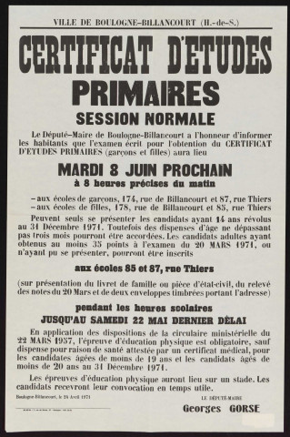 Certificat d'études primaires, session normale ,