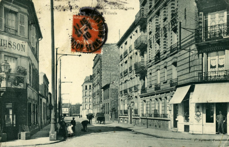 58 - Boulogne-sur-Seine - rue Gambetta ... des Tilleuls, Boulogne-Billancourt . rue Gambetta . - perspectiveLa rue Gambetta depuis la rue des Tilleuls vers la rue Vauthier. A gauche, un commerce