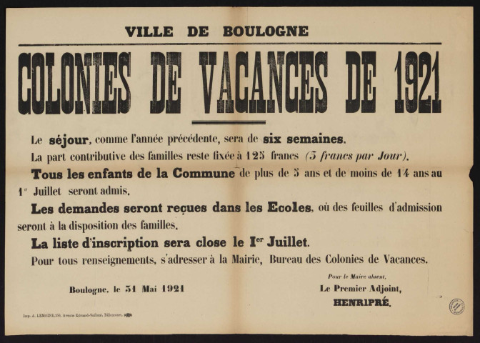 Colonies de vacances de 1921,