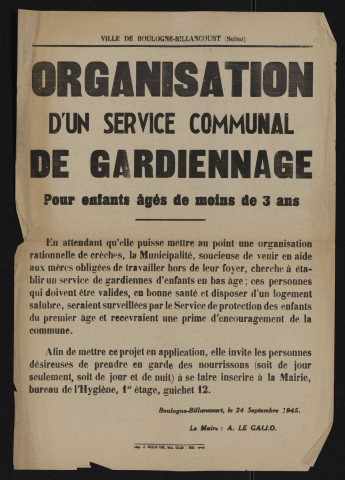 Organisation d'un service communal de gardiennage pour enfants âgés de moins de 3 ans,