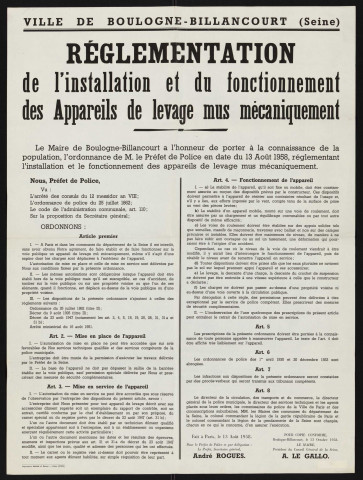 Réglementation de l'installation et du fonctionnement des appareils de levage mus mécaniquement,