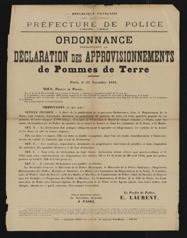 Ordonnance prescrivant la déclaration des approvisionnements de pommes de terre,