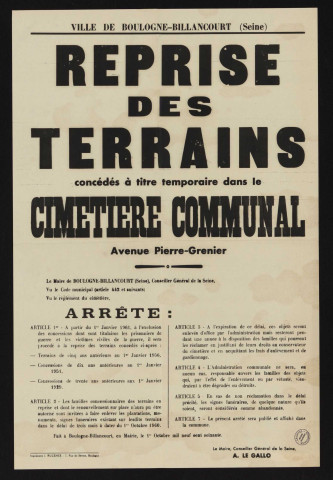 Reprise des terrains concédés à titre temporaire dans le cimetière communal avenue Pierre-Grenier,