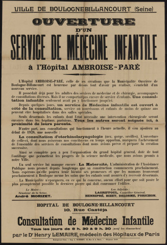 Ouverture d'un service de médecine infantile à l'hôpital Ambroise-Paré,