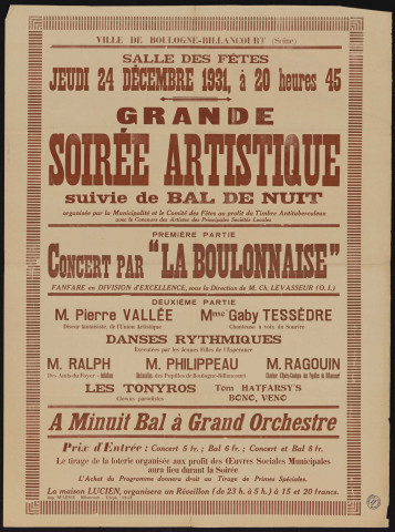 Grande soirée artistique suivie de bal de nuit organisée par la municipalité et le comité des fêtes au profit du timbre antituberculeux,