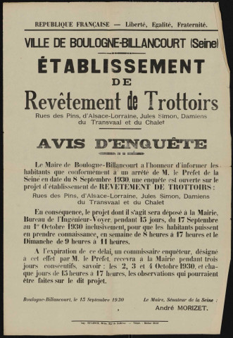 Etablissement de revêtement de trottoirs rue des Pins, d'Alsace-Lorraine, Jules-Simon, Damiens, du Transvaal et du Chalet : avis d'enquête,