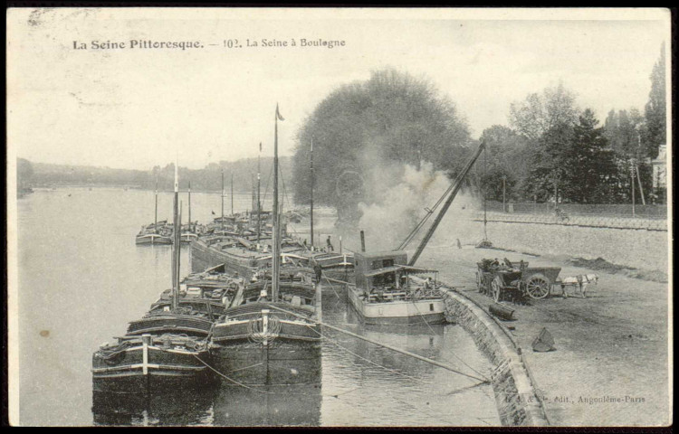 La Seine pittoresque - 102 - La Seine à Boulogne, Boulogne-Billancourt - La SeineVue d'embarcation déchargeant des marchandises sur les berges de la Seine.