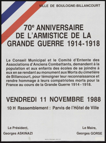 70e anniversaire de l'armistice de la Grande Guerre 1914-1918,