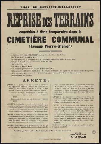 Reprise des terrains concédés à titre temporaire dans le cimetière communal avenue Pierre-Grenier,