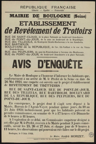 Etablissement de revêtement de trottoirs rue de Saint-Cloud, rue du Point-du-Jour, rue des Tilleuls, rue Bartholdi, boulevard de la République, rue des Peupliers, rue du Point-du-Jour : avis d'enquête,