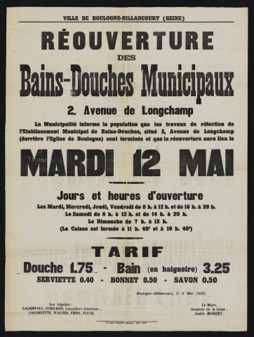 Réouverture des bains-douches municipaux 2 avenue de Longchamp mardi 12 mai [1936],