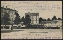 Boulogne-Billancourt - Le Rond-Point, Boulogne-Billancourt . rond-point Rhin-et-Danube . - PerspectiveAu premier plan, le rond-point. Au second plan, un tramway de la ligne Louvres-Boulogne devant la brasserie Terminus. A gauche, la maréchalerie du rond-point