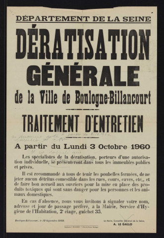 Dératisation générale de la ville de Boulogne-Billancourt : traitement d'entretien,