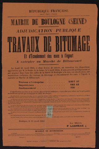 Travaux de bitumage et d'écoulement des eaux à l'égout à exécuter au marché de Billancourt : adjudication publique,