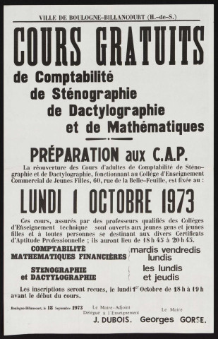 Cours gratuits de comptabilité, de sténographie, de dactylographie et de mathématiques, préparation aux CAP éè,