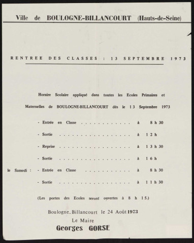 Rentrée des classes : 13 septembre 1973 [horaires des cours],