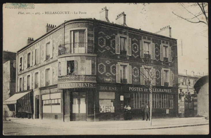 405 - Billancourt - La Poste, Boulogne-Billancourt . avenue Desfeux, rue Rouget de l'Isle . - façade de la poste et de la banqueAngle de l'avenue Desfeux et rue Rouget de l'Isle, bâtiment comprenant à gauche un débit de boisson et une baque "Comptoir de Billancourt" et à droite les Postes et Télégraphes