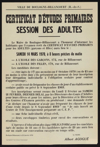 Certificat d'études primaires, session des adultes ,