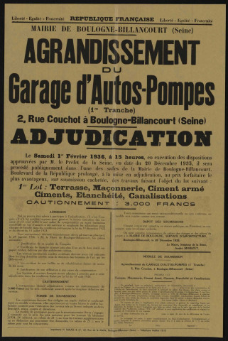 Agrandissement du garage d'autos-pompes (1ère tranche) 2 rue Couchot : adjudication,