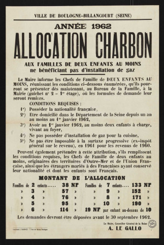 Allocation charbon aux familles de deux enfants au moins ne bénéficiant pas d'installation de gaz,